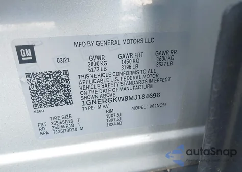 2021 Chevrolet Traverse Fwd Lt Cloth from USA, damaged, VIN 1GNERGKW8MJ184696